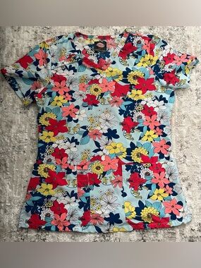 Dickies Women's Light Blue Floral V-Neck Scrub Top - Red, Yellow, Navy, Coral